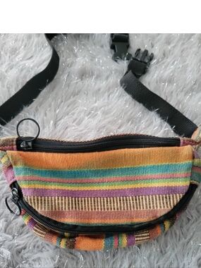 Vintage 80s 90s Canvas Striped Fanny Pack Hacky Sack Boho Hippie Festival India